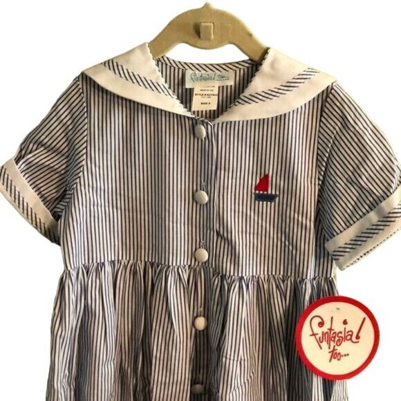 Funtasia! too Sailor Button Down Dress with Blue & White Stripes and Cuffed Slee - Picture 3 of 5